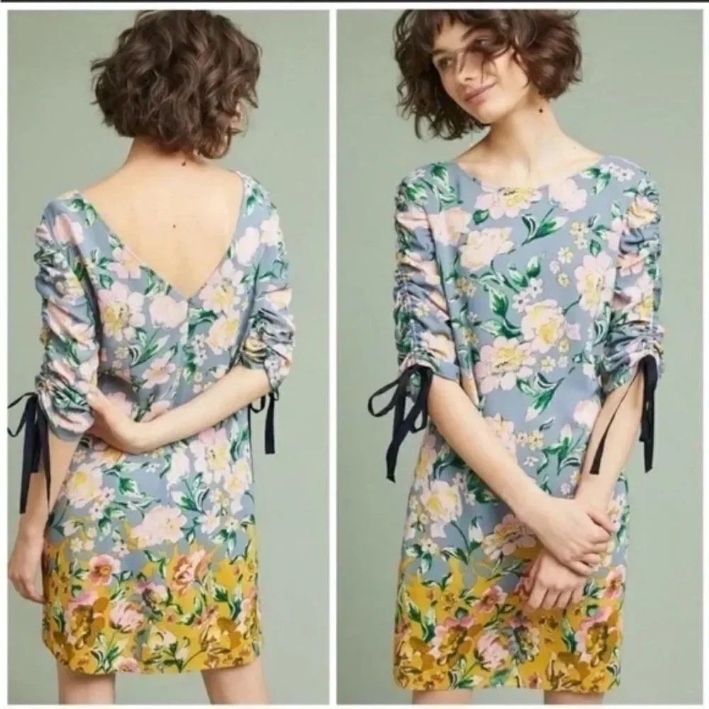 🌷 DONNA MORGAN 🌷 Anthropologie Floral Ruched Sleeve Dress - [Size 0]